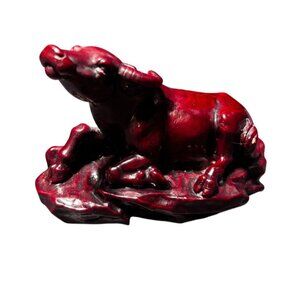 Chinese Zodiac Cinnabar Red Resin Water Buffalo Figurine Decorative Sculpture